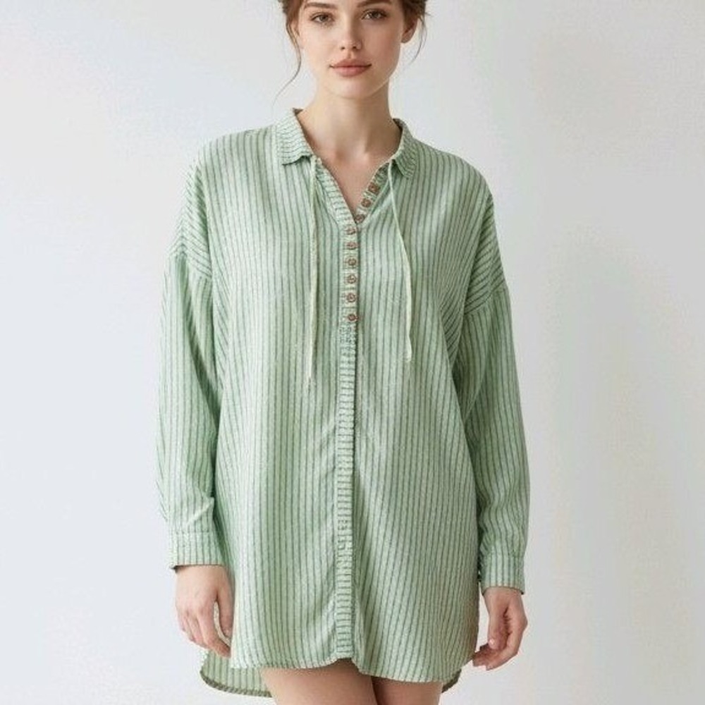 Johnny Was Shirt Pinstripe Embroidered Cuff Boho Oversized‎ Green Small